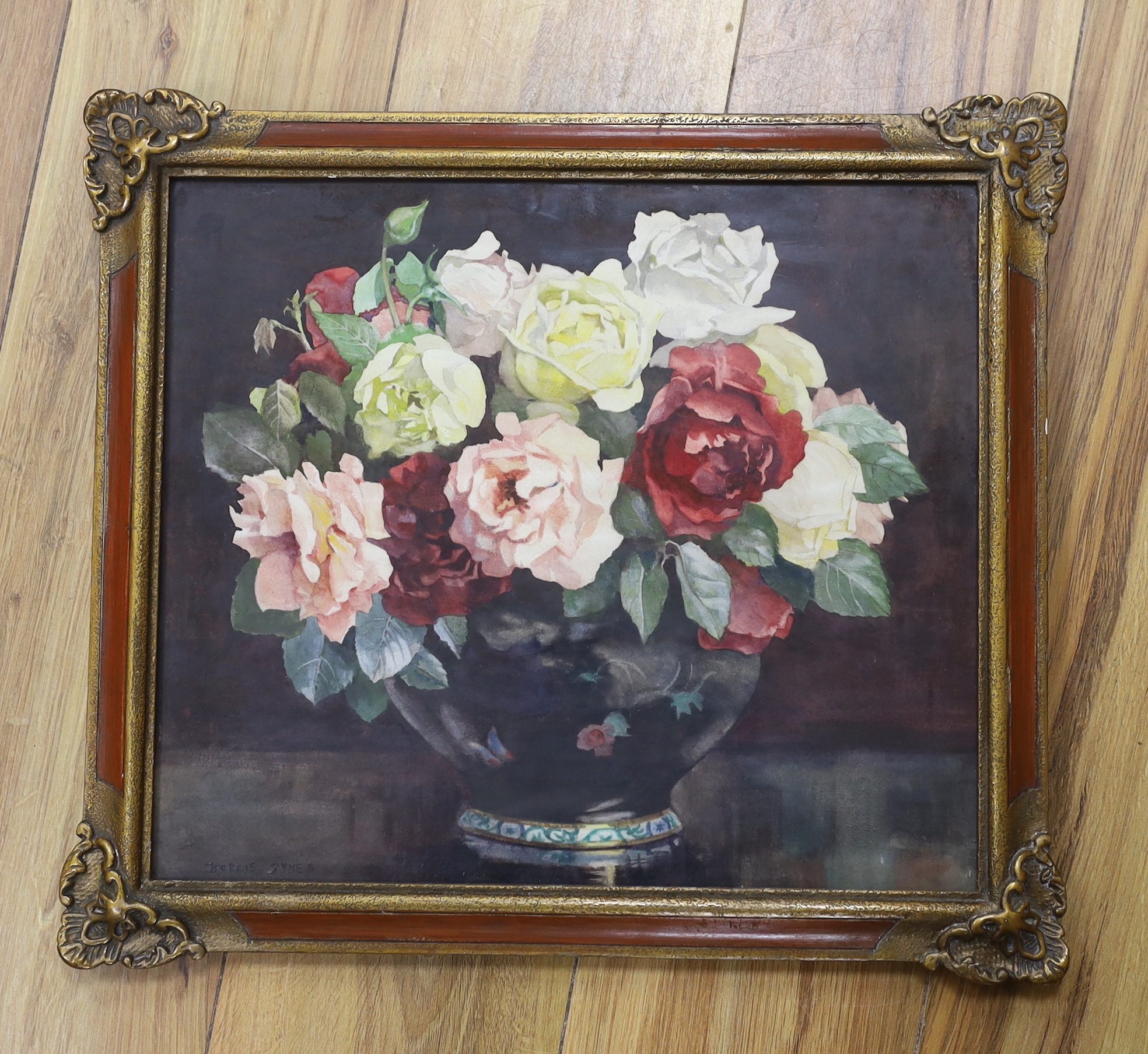 Dorcie Sykes (1908-1998), watercolour, Still life of flowers in a bowl, signed, Harrods Ltd. label verso, 32 x 37cm